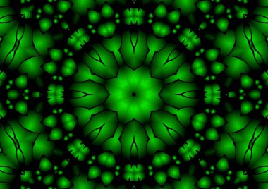 Dijital illüstrasyon, geometrik soyut renkli kaleydoskop simetrik desen ve gradyan etkisi. Klasik güzel dekoratif yeşil arkaplan