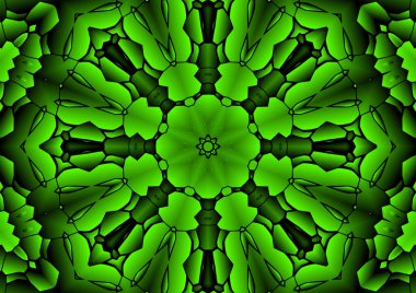 Dijital illüstrasyon, geometrik soyut renkli kaleydoskop simetrik desen ve gradyan etkisi. Klasik güzel dekoratif yeşil arkaplan