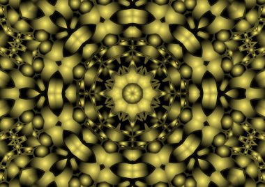 Dijital illüstrasyon, geometrik soyut renkli kaleydoskop simetrik desen ve gradyan etkisi. Klasik güzel dekoratif sarı arkaplan