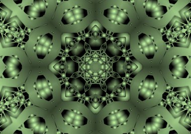 Dijital illüstrasyon, geometrik soyut renkli kaleydoskop simetrik desen ve gradyan etkisi. Klasik güzel dekoratif arkaplan