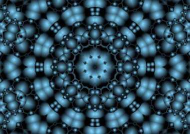 Dijital illüstrasyon, geometrik soyut renkli kaleydoskop simetrik desen ve gradyan etkisi. Klasik güzel dekoratif mavi arkaplan