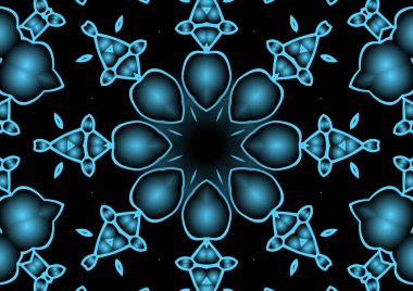 Dijital illüstrasyon, geometrik soyut renkli kaleydoskop simetrik desen ve gradyan etkisi. Klasik güzel dekoratif mavi arkaplan