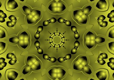 Dijital illüstrasyon, geometrik soyut renkli kaleydoskop simetrik desen ve gradyan etkisi. Klasik güzel dekoratif sarı arkaplan