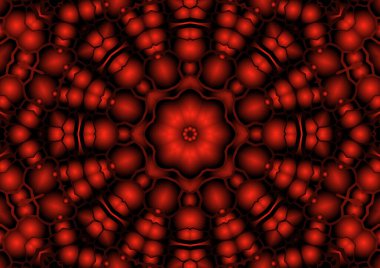 Dijital illüstrasyon, geometrik soyut renkli kaleydoskop simetrik desen ve gradyan etkisi. Klasik güzel dekoratif kırmızı arkaplan