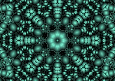 Dijital illüstrasyon, geometrik soyut renkli kaleydoskop simetrik desen ve gradyan etkisi. Klasik güzel dekoratif yeşil arkaplan