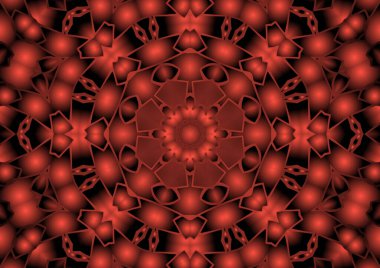 Dijital illüstrasyon, geometrik soyut renkli kaleydoskop simetrik desen ve gradyan etkisi. Klasik güzel dekoratif kırmızı arkaplan