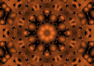 Dijital illüstrasyon, geometrik soyut renkli kaleydoskop simetrik desen ve gradyan etkisi. Klasik güzel dekoratif turuncu arka plan