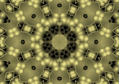 Dijital illüstrasyon, geometrik soyut renkli kaleydoskop simetrik desen ve gradyan etkisi. Klasik güzel dekoratif sarı arkaplan