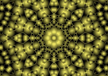 Dijital illüstrasyon, geometrik soyut renkli kaleydoskop simetrik desen ve gradyan etkisi. Klasik güzel dekoratif sarı arkaplan