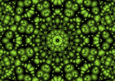 Dijital illüstrasyon, geometrik soyut renkli kaleydoskop simetrik desen ve gradyan etkisi. Klasik güzel dekoratif yeşil arkaplan