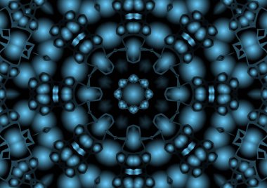Dijital illüstrasyon, geometrik soyut renkli kaleydoskop simetrik desen ve gradyan etkisi. Klasik güzel dekoratif mavi arkaplan