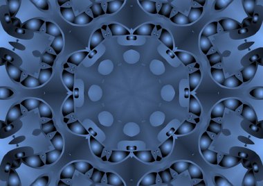 Dijital illüstrasyon, geometrik soyut renkli kaleydoskop simetrik desen ve gradyan etkisi. Klasik güzel dekoratif mavi arkaplan