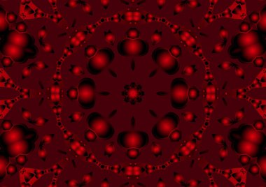 Dijital illüstrasyon, geometrik soyut renkli kaleydoskop simetrik desen ve gradyan etkisi. Klasik güzel dekoratif kırmızı arkaplan