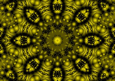 Dijital illüstrasyon, geometrik soyut renkli kaleydoskop simetrik desen ve gradyan etkisi. Klasik güzel dekoratif sarı arkaplan