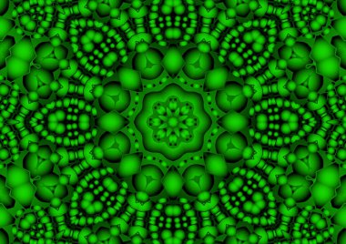 Dijital illüstrasyon, geometrik soyut renkli kaleydoskop simetrik desen ve gradyan etkisi. Klasik güzel dekoratif yeşil arkaplan