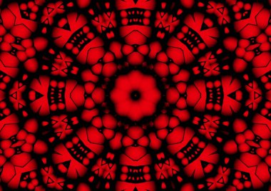 Dijital illüstrasyon, geometrik soyut renkli kaleydoskop simetrik desen ve gradyan etkisi. Klasik güzel dekoratif kırmızı arkaplan