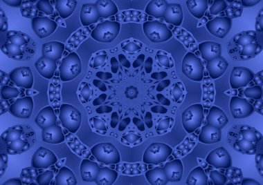 Dijital illüstrasyon, geometrik soyut renkli kaleydoskop simetrik desen ve gradyan etkisi. Klasik güzel dekoratif mavi arkaplan
