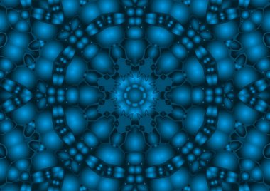 Dijital illüstrasyon, geometrik soyut renkli kaleydoskop simetrik desen ve gradyan etkisi. Klasik güzel dekoratif mavi arkaplan