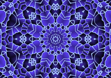 Dijital illüstrasyon, geometrik soyut renkli kaleydoskop simetrik desen ve gradyan etkisi. Klasik güzel dekoratif arkaplan