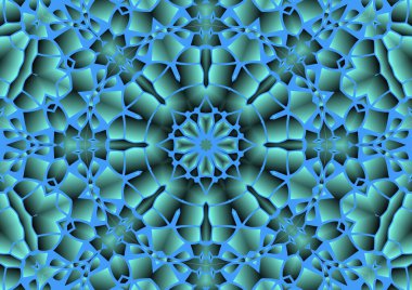 Dijital illüstrasyon, geometrik soyut renkli kaleydoskop simetrik desen ve gradyan etkisi. Klasik güzel dekoratif mavi arkaplan