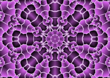 Dijital illüstrasyon, geometrik soyut renkli kaleydoskop simetrik desen ve gradyan etkisi. Klasik güzel dekoratif pembe arkaplan