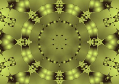 Dijital illüstrasyon, geometrik soyut renkli kaleydoskop simetrik desen ve gradyan etkisi. Klasik güzel dekoratif sarı arkaplan