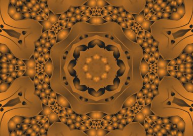 Dijital illüstrasyon, geometrik soyut renkli kaleydoskop simetrik desen ve gradyan etkisi. Klasik güzel dekoratif turuncu arka plan