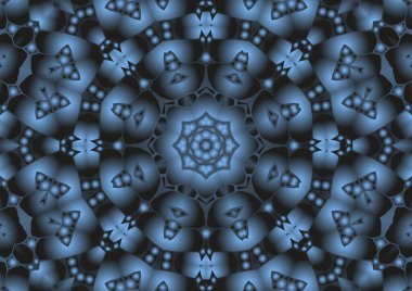 Dijital illüstrasyon, geometrik soyut renkli kaleydoskop simetrik desen ve gradyan etkisi. Klasik güzel dekoratif mavi arkaplan