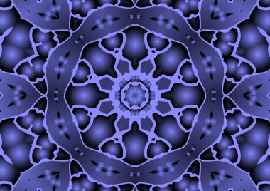 Dijital illüstrasyon, geometrik soyut renkli kaleydoskop simetrik desen ve gradyan etkisi. Klasik güzel dekoratif mavi arkaplan