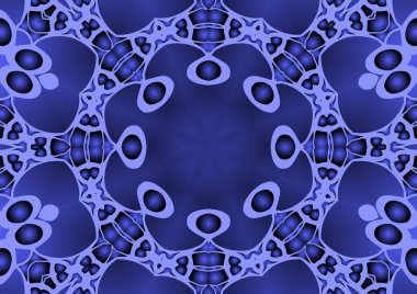 Dijital illüstrasyon, geometrik soyut renkli kaleydoskop simetrik desen ve gradyan etkisi. Klasik güzel dekoratif mavi arkaplan
