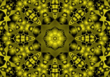 Dijital illüstrasyon, geometrik soyut renkli kaleydoskop simetrik desen ve gradyan etkisi. Klasik güzel dekoratif sarı arkaplan