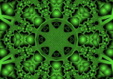 Dijital illüstrasyon, geometrik soyut renkli kaleydoskop simetrik desen ve gradyan etkisi. Klasik güzel dekoratif yeşil arkaplan