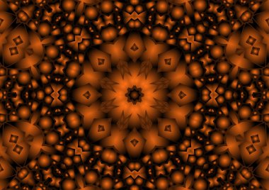 Dijital illüstrasyon, geometrik soyut renkli kaleydoskop simetrik desen ve gradyan etkisi. Klasik güzel dekoratif turuncu arka plan