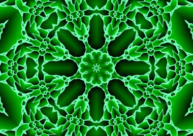 Dijital illüstrasyon, geometrik soyut renkli kaleydoskop simetrik desen ve gradyan etkisi. Klasik güzel dekoratif yeşil arkaplan