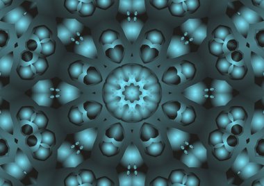 Dijital illüstrasyon, geometrik soyut renkli kaleydoskop simetrik desen ve gradyan etkisi. Klasik güzel dekoratif mavi arkaplan