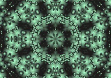 Dijital illüstrasyon, geometrik soyut renkli kaleydoskop simetrik desen ve gradyan etkisi. Klasik güzel dekoratif yeşil arkaplan