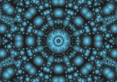 Dijital illüstrasyon, geometrik soyut renkli kaleydoskop simetrik desen ve gradyan etkisi. Klasik güzel dekoratif mavi arkaplan