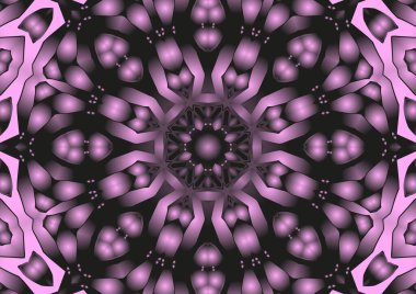 Dijital illüstrasyon, geometrik soyut renkli kaleydoskop simetrik desen ve gradyan etkisi. Klasik güzel dekoratif pembe arkaplan