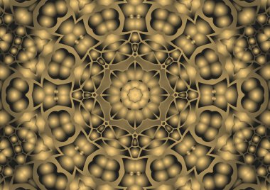 Dijital illüstrasyon, geometrik soyut renkli kaleydoskop simetrik desen ve gradyan etkisi. Klasik güzel dekoratif sarı arkaplan