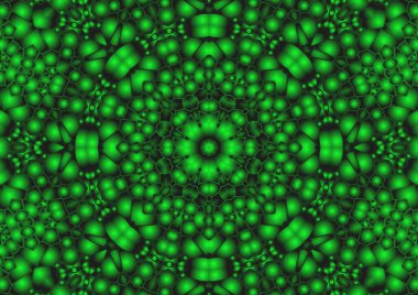 Dijital illüstrasyon, geometrik soyut renkli kaleydoskop simetrik desen ve gradyan etkisi. Klasik güzel dekoratif yeşil arkaplan
