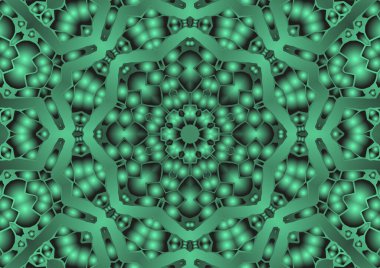 Dijital illüstrasyon, geometrik soyut renkli kaleydoskop simetrik desen ve gradyan etkisi. Klasik güzel dekoratif yeşil arkaplan