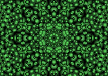 Dijital illüstrasyon, geometrik soyut renkli kaleydoskop simetrik desen ve gradyan etkisi. Klasik güzel dekoratif yeşil arkaplan
