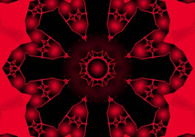 Dijital illüstrasyon, geometrik soyut renkli kaleydoskop simetrik desen ve gradyan etkisi. Klasik güzel dekoratif kırmızı arkaplan