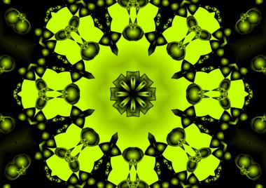 Dijital illüstrasyon, geometrik soyut renkli kaleydoskop simetrik desen ve gradyan etkisi. Klasik güzel dekoratif sarı arkaplan