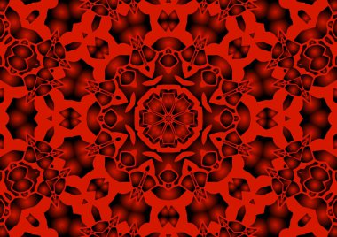 Dijital illüstrasyon, geometrik soyut renkli kaleydoskop simetrik desen ve gradyan etkisi. Klasik güzel dekoratif kırmızı arkaplan