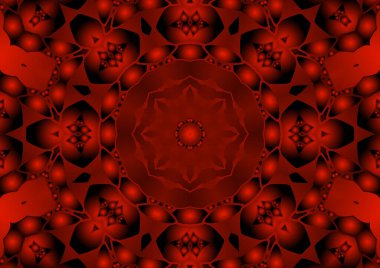 Dijital illüstrasyon, geometrik soyut renkli kaleydoskop simetrik desen ve gradyan etkisi. Klasik güzel dekoratif kırmızı arkaplan