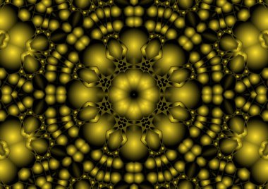 Dijital illüstrasyon, geometrik soyut renkli kaleydoskop simetrik desen ve gradyan etkisi. Klasik güzel dekoratif sarı arkaplan