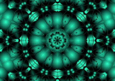 Dijital illüstrasyon, geometrik soyut renkli kaleydoskop simetrik desen ve gradyan etkisi. Klasik güzel dekoratif arkaplan