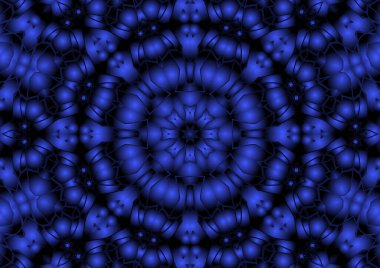 Dijital illüstrasyon, geometrik soyut renkli kaleydoskop simetrik desen ve gradyan etkisi. Klasik güzel dekoratif mavi arkaplan