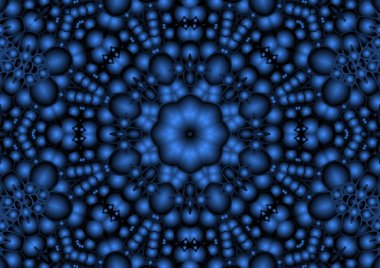Dijital illüstrasyon, geometrik soyut renkli kaleydoskop simetrik desen ve gradyan etkisi. Klasik güzel dekoratif mavi arkaplan